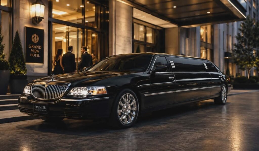 Professional chauffeur opening a luxury limousine door in Green Bay