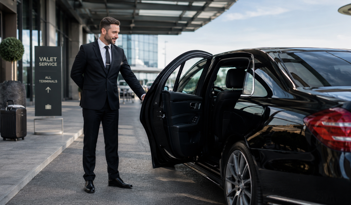 Professional chauffeur assisting passenger during Green Bay airport transfer
