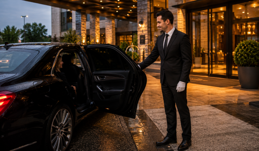 Professional chauffeur opening a luxury limousine door in Green Bay